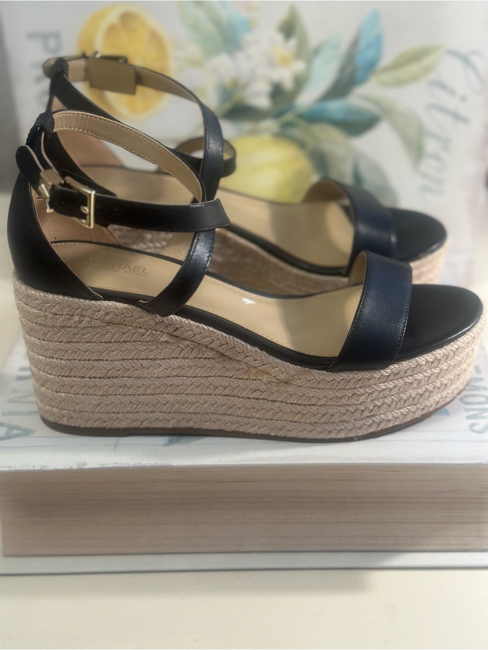 Michael Kors Black Leather Ankle-Strap Espadrille Wedges